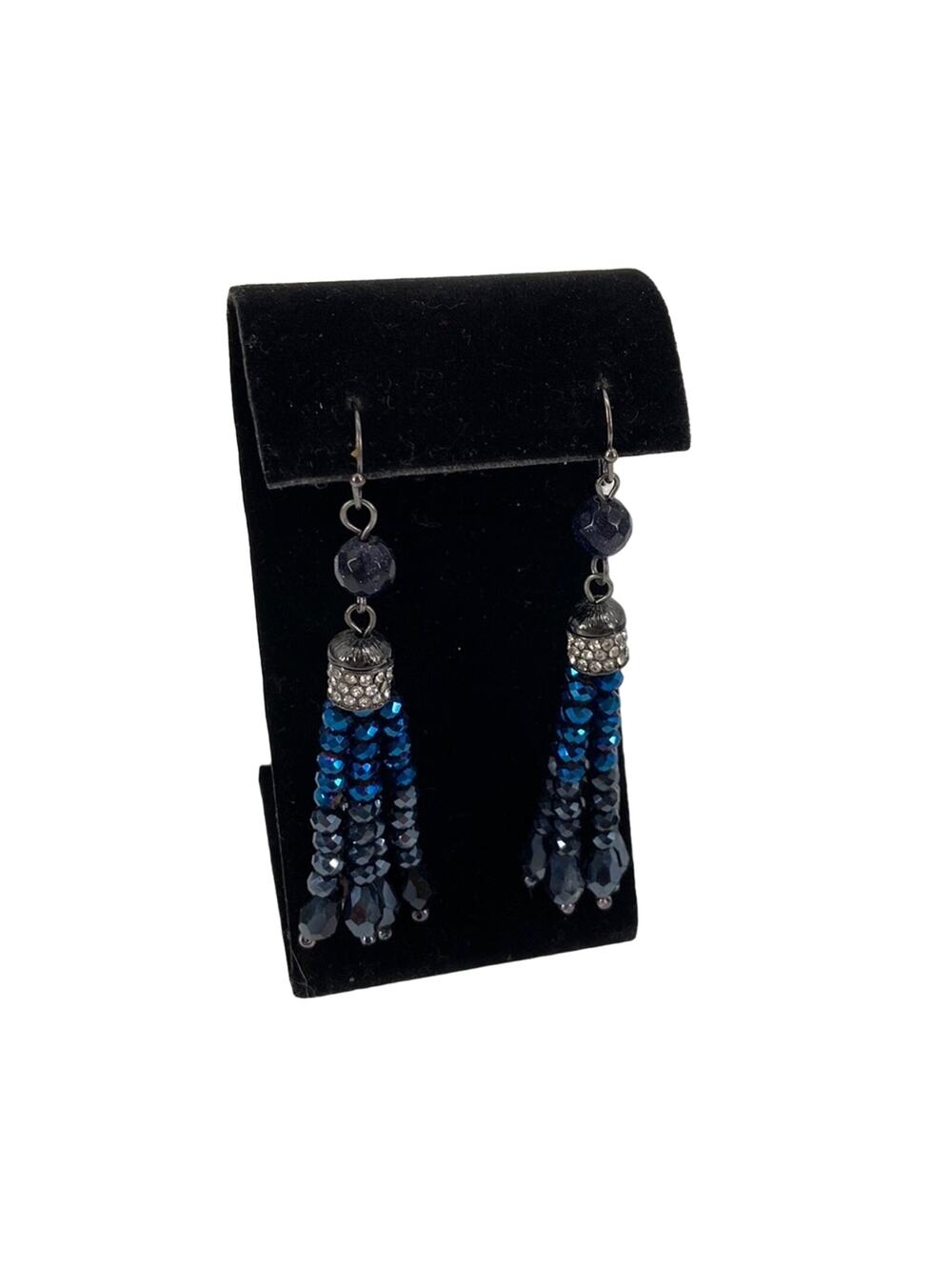 Handmade Blue and black beaded tassel earrings